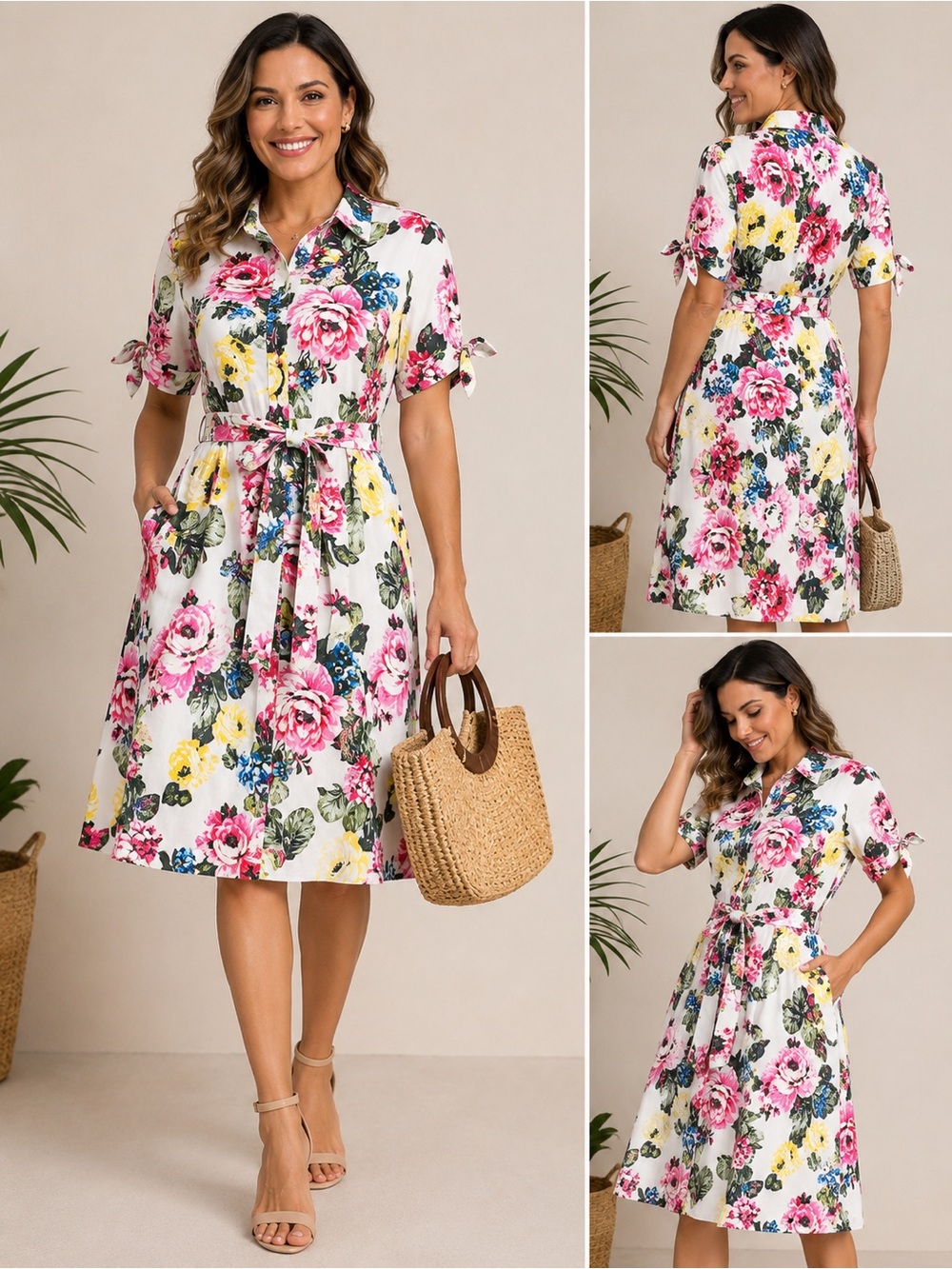 Calvin Klein White Midi Shirt Dress with Pink & Yellow Floral Print